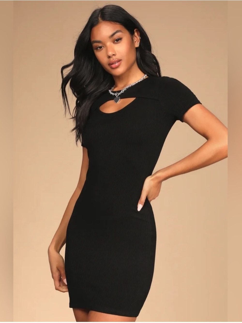 Lulus Beyond Basics Black Ribbed Cutout Bodycon Stretch Mini Dress Size Med NWT